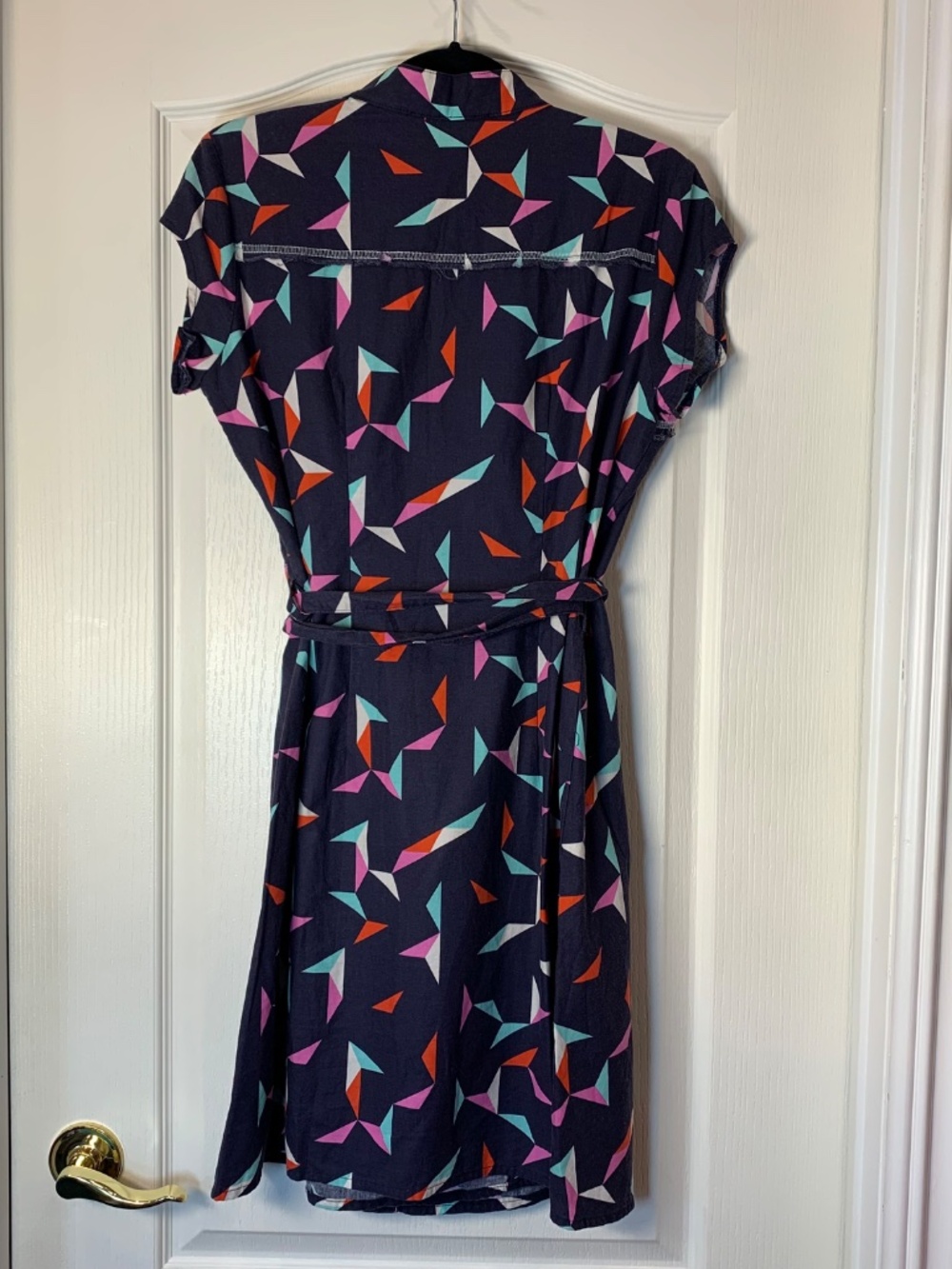 Caroline Villamarin Designer Geometric Wrap Dress Navy Retro Print Belted  12 - Picture 2 of 9